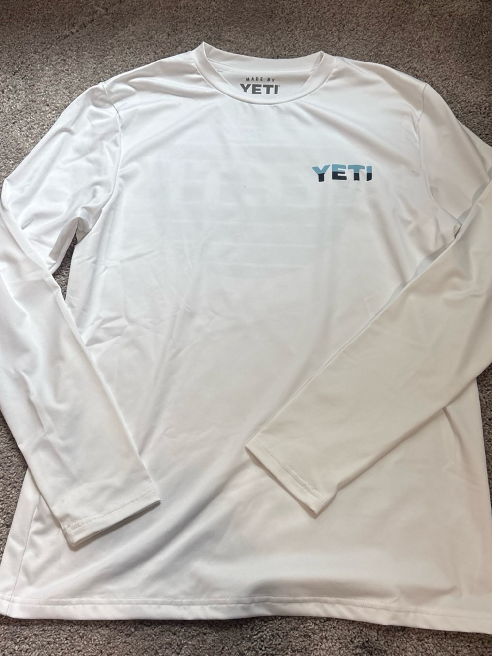 Yeti Men's Long-Sleeve Performance Tee in White with Blue Logo